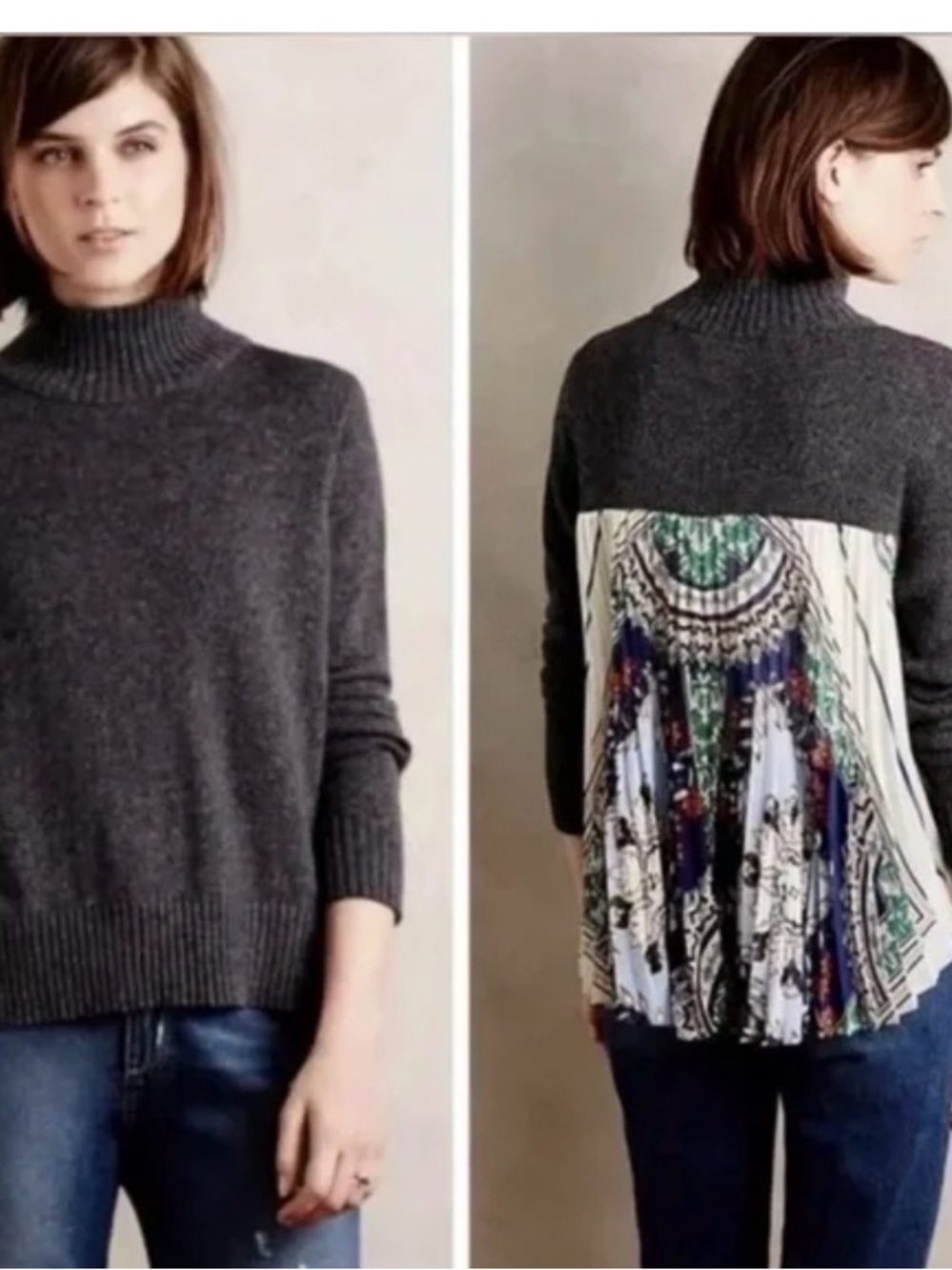 Anthropologie Moth Rona Cashmere Blend Turtleneck Sweater Pleated Floral Back SM